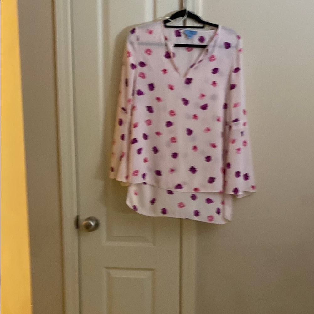 CeCe Asymmetrical Bell Sleeve Blouse in Pink and Purple